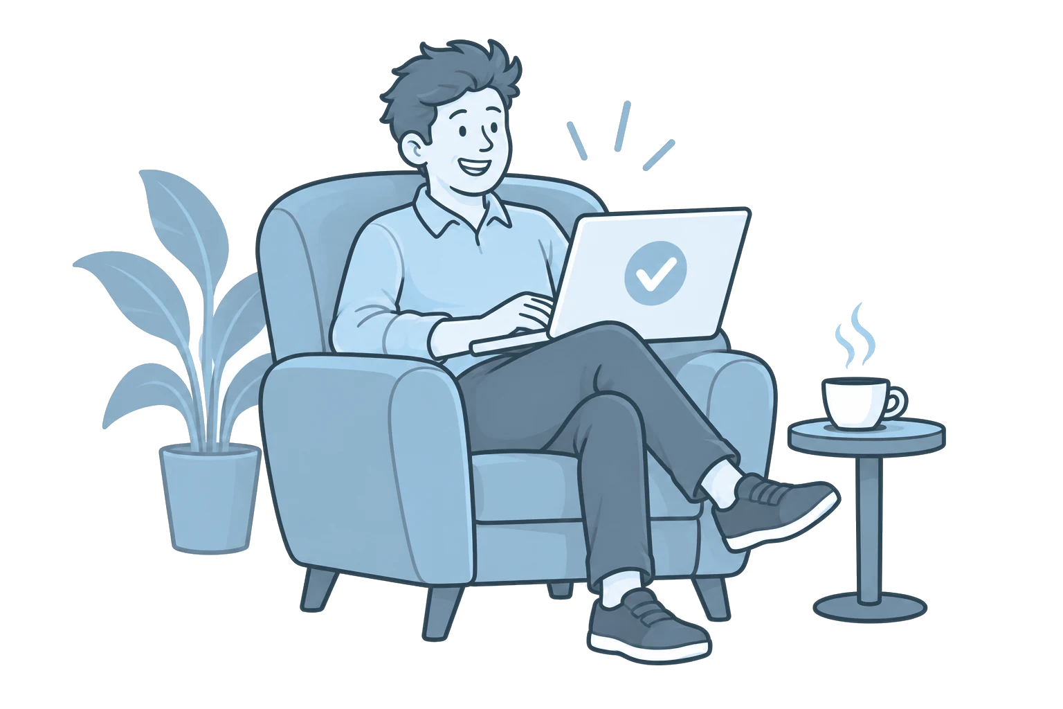 Un client détendu dans un fauteuil signe le contrat de location en ligne