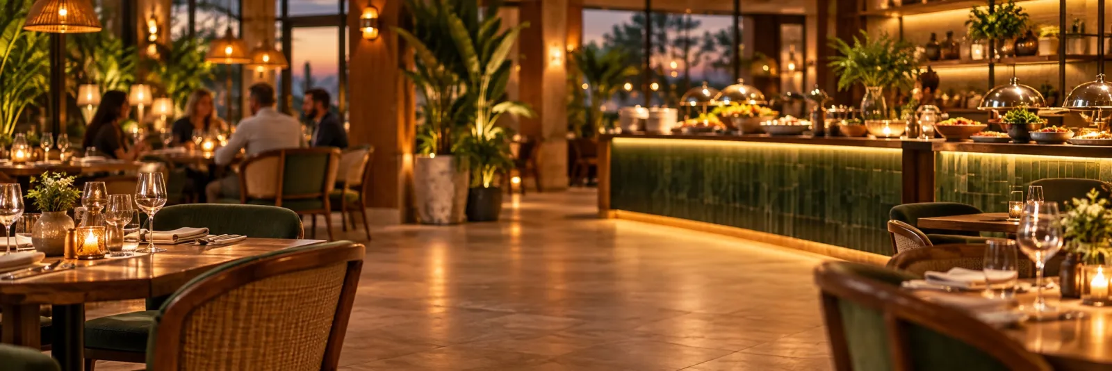 Stimmungsvoll beleuchtetes Restaurant mit gedeckten Tischen und Gästen beim Abendessen