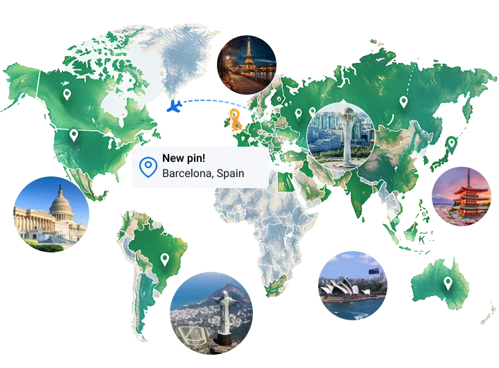 Weltkarte von Tourist.com mit Reisezielen und einer neuen Markierung in Barcelona