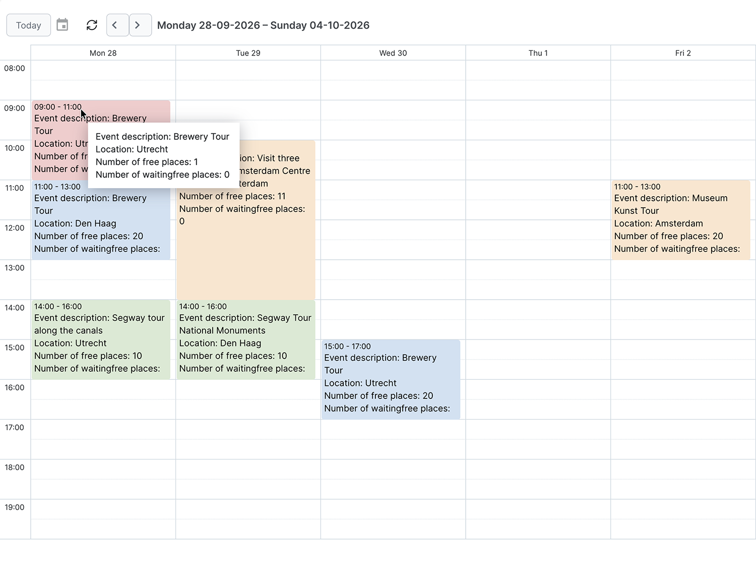 Activity schedule in i-Reserve with guided tours per day