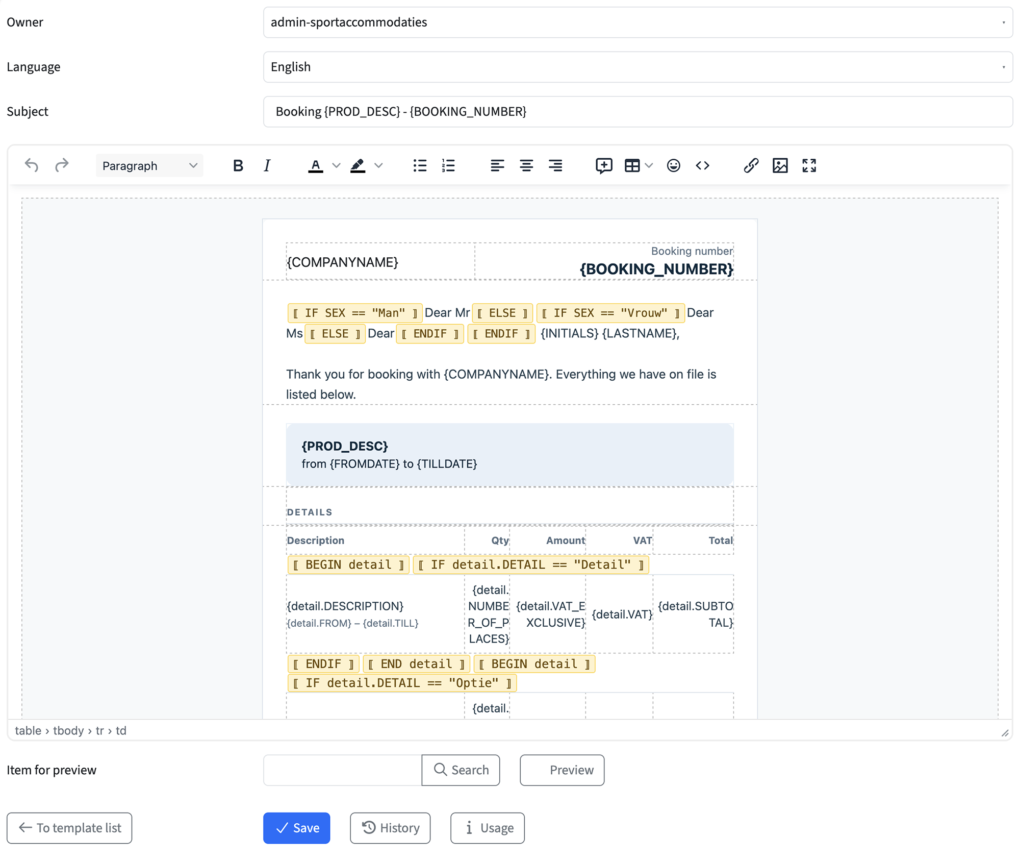 Editor de modelos no i-Reserve com um e-mail de confirmação