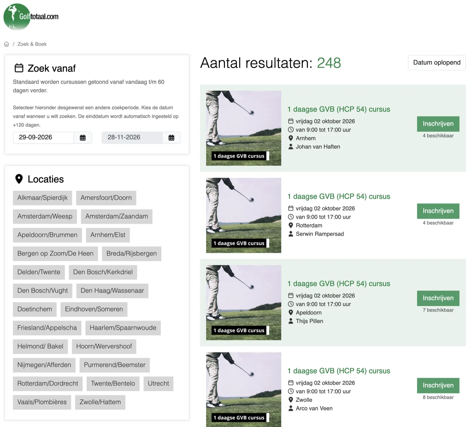 Bookingdialog hos Golftotaal