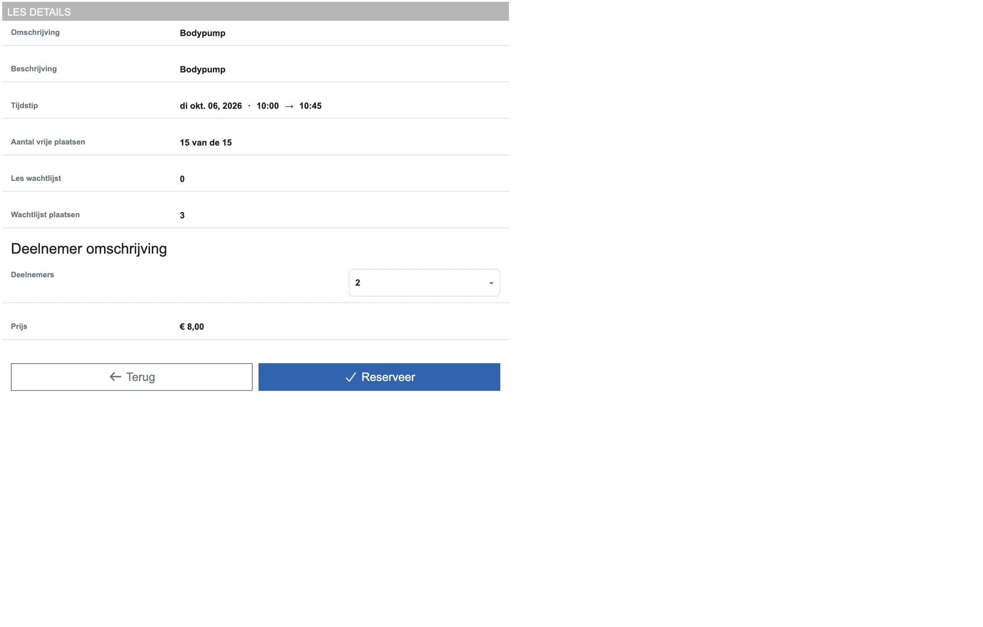 Booking dialog of the fitness demo